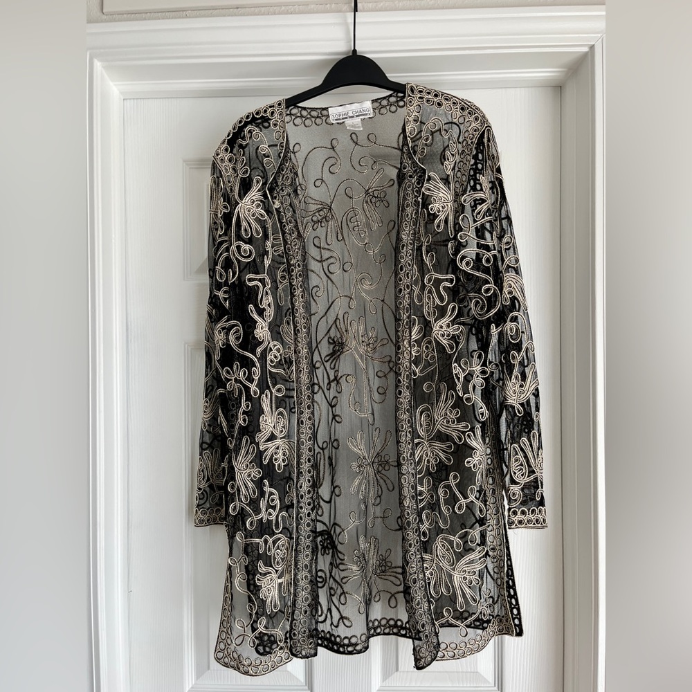 Sophie Chang Studio Sheer Black Gold Lace Kimono